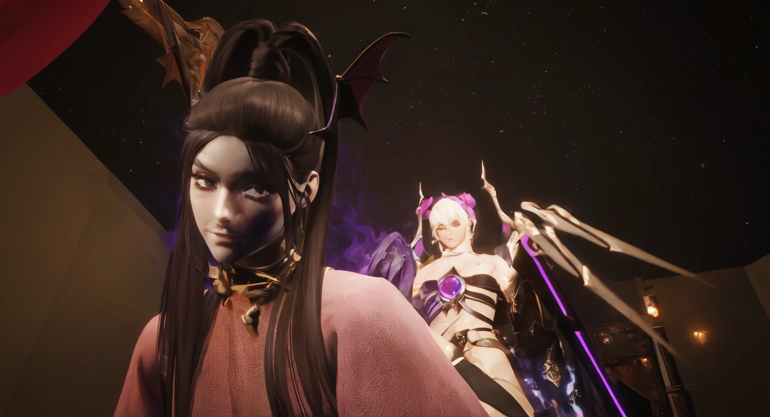 there is a woman in a purple outfit hugging a man in a purple outfit, <mmorpgs scene, kissing together cutely, realistic fantasy render, detailed cinematic render, lesbian embrace, detailed cinematic shot, fantasy style 8 k octane render, shot from cinematic, unreal engine : : rave makeup, in-game cinematic, very detailed cinematic, captured on canon eos r 6
