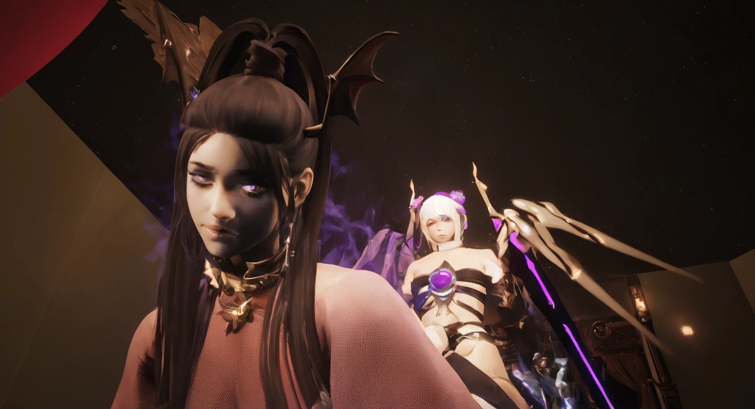 there is a woman in a purple outfit hugging a man in a purple outfit, <mmorpgs scene, kissing together cutely, realistic fantasy render, detailed cinematic render, lesbian embrace, detailed cinematic shot, fantasy style 8 k octane render, shot from cinematic, unreal engine : : rave makeup, in-game cinematic, very detailed cinematic, captured on canon eos r 6