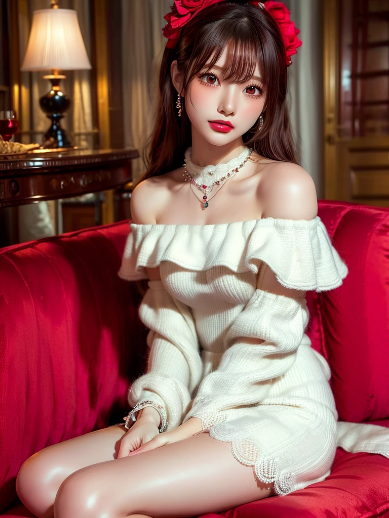 ((Highest quality)),(Ultra-high resolution),(Very detailed),(Detailed Description),((The best CG)),(masterpiece),Very detailedなアート、Small breasts、(((White off-the-shoulder dress 1.5)))、mini skirt、hair ornaments、Tying up hair、Glitter Necklace、Ultimate Beauty 1.5、(((Sitting on the red sofa 1.5)))、Brown Hair、Smiling gently 1.2、、Different world、Accentuate your thighs