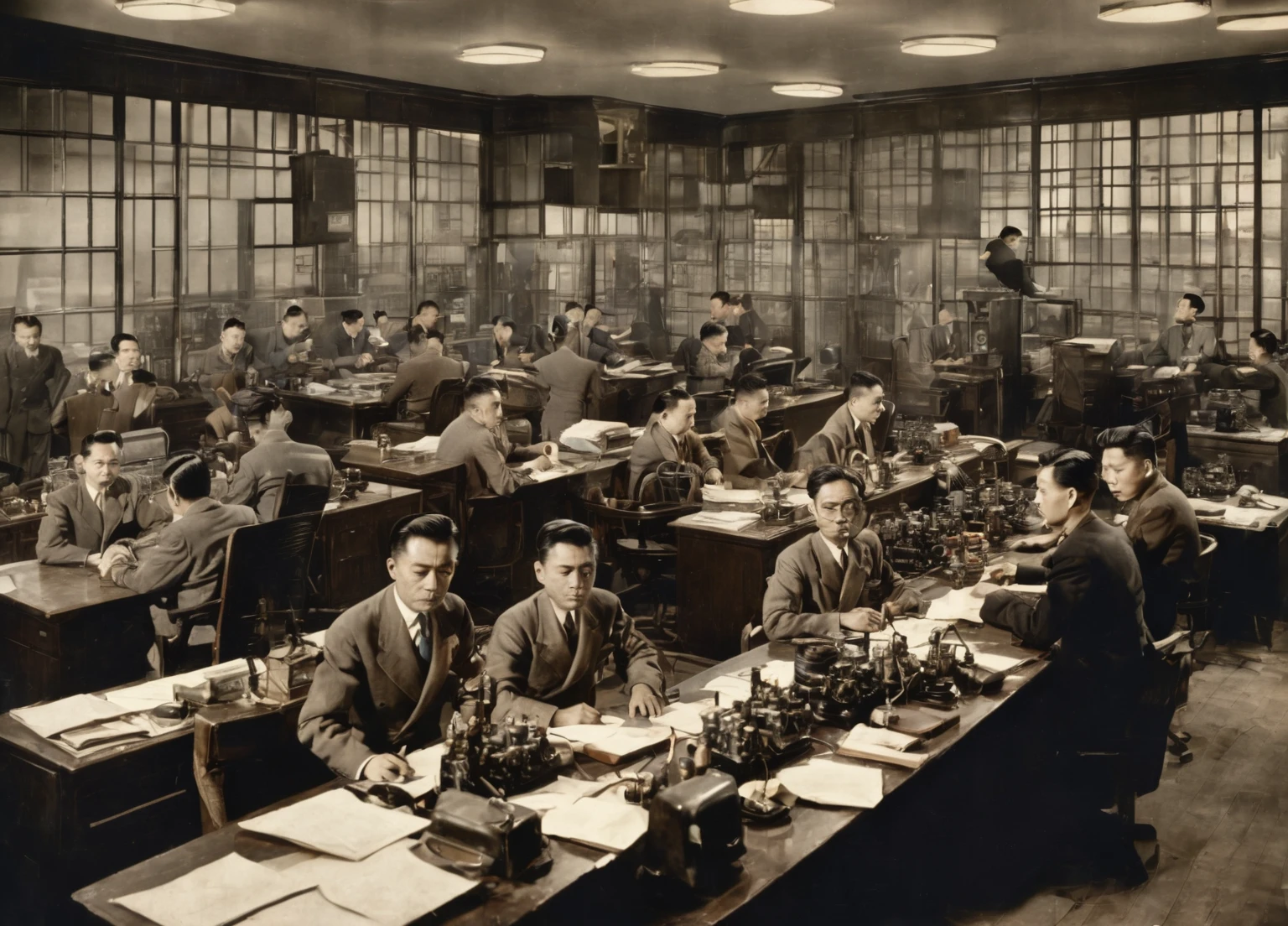 in 1949，China，Shanghai，Radio Station Office，Dim light，（The desk is filled with telegraph machines：1.5）。Several employees are working hard，One of the middle-aged men，30 years old，Wearing an old-style Zhongshan suit，The expression is firm，We are discussing with employees how to respond to the government&#39;s orders，（（They were surrounded by radio equipment.）），In the background you can see some circuit diagrams on the wall。high detail, cinematic lighting, film grain, god rays, anatomically correct, high quality