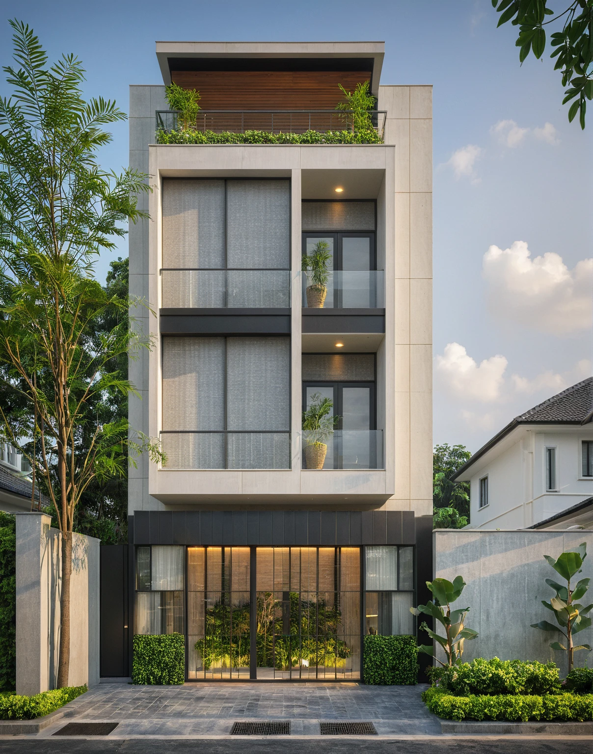 modern villa on street, (overcast lighting:1.2), tropical tree, vivid color, streetcapes, nice sky, grey and wwhite tone, (large glass door:1.2), warm interior lighting, modern material, best quality, ultra realistic, masterpiece, 17ArchiAI_XL_VL-v1