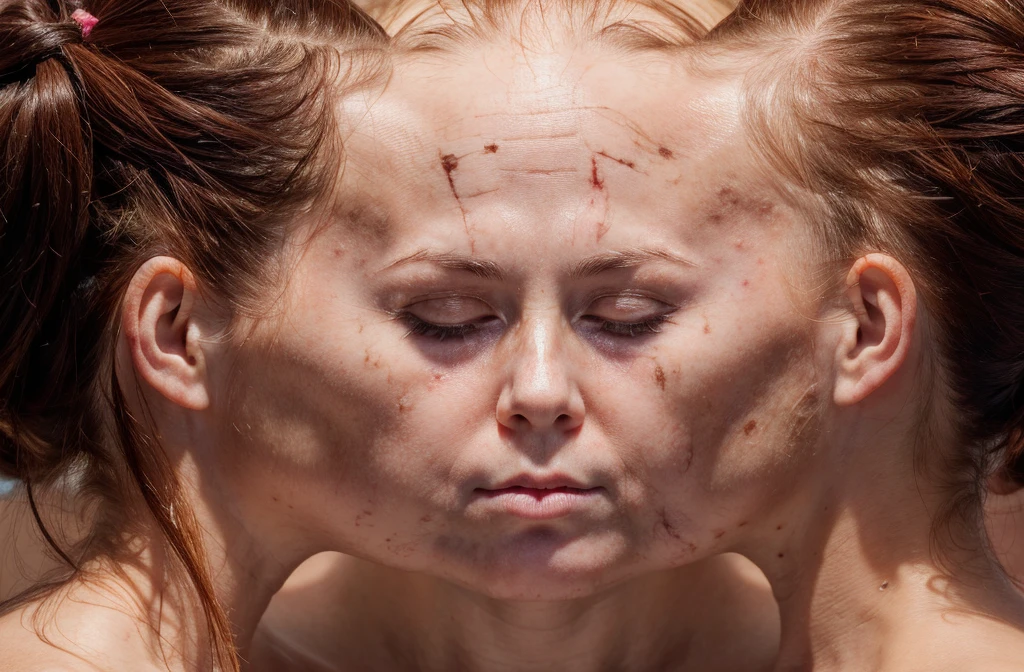 Head Texture, (face center,:1.2), age 24, Closed eyes ,closes mouth, pale round face, Facial symmetry, Symmetrical face, Close up portrait of woman white top, bald, bald hairstyle, no hair on head, zombie, multiple scars, scar, veiny breasts, veins, anger vein, veiny face
