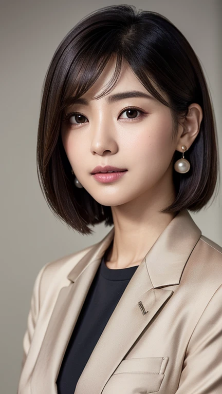 (Very detailed CG Unity 8k 壁紙, Highest quality, Very detailed, Looking at the camera:1.2, The light shines on your face:1.5, Gray background, Professional Lighting), {{50-year-old Japanese woman}}, 50-year-old woman, Upper body shot with face lighting. She has a stylish bob hairstyle with subtle highlights., Gentle oval face, Well shaped eyebrows, Deep Eyes, pronounced nose, And a soft smile. She is wearing an elegant silk blouse, Tailored Blazer, Modest pearl earrings.