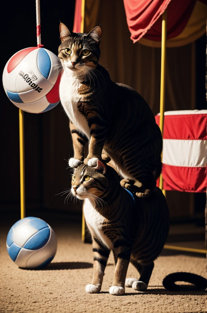 Cat standing on a ball , circus performer