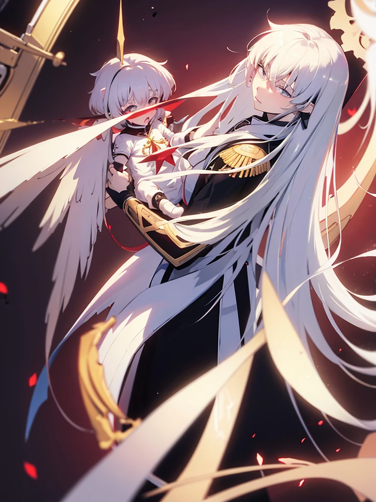 Anime boy with white hair wearing war amor , holding anime girl with black and red long hair, put on war amor blushing blushing