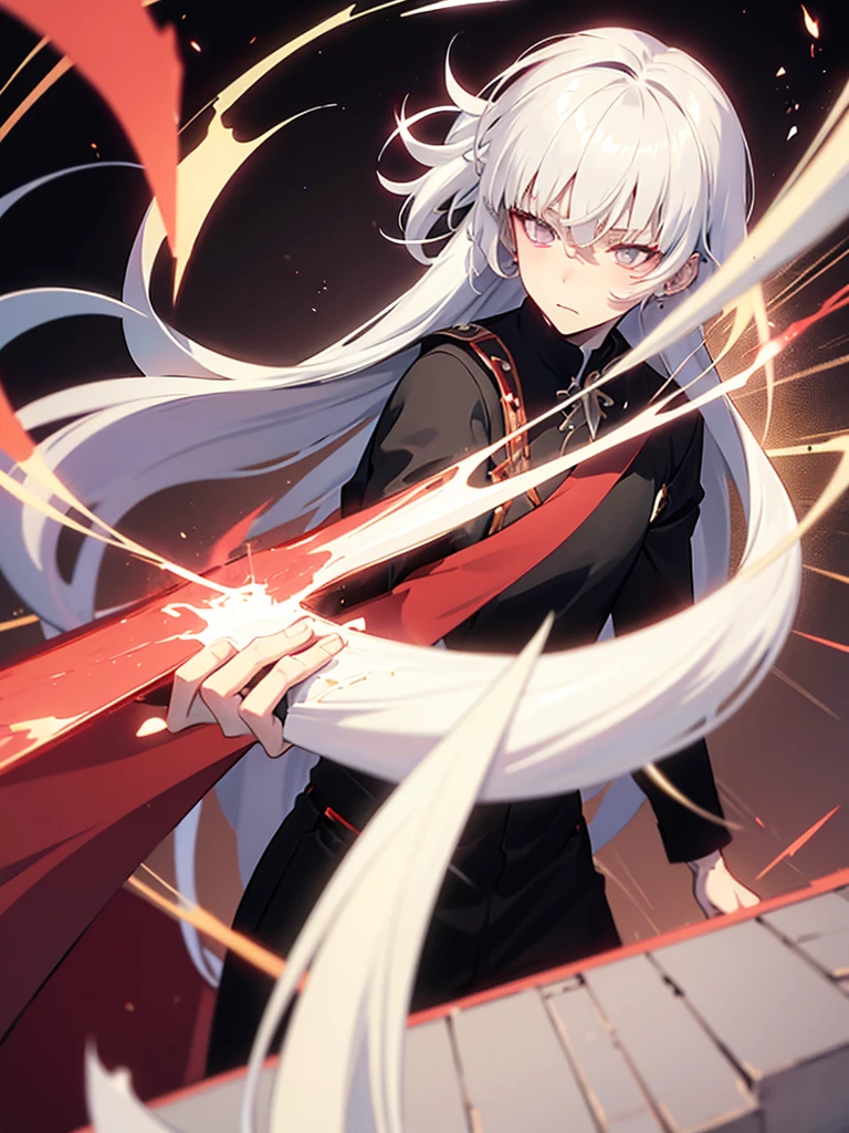 Anime boy with white hair wearing war amor , holding anime girl with black and red long hair, put on war amor blushing blushing