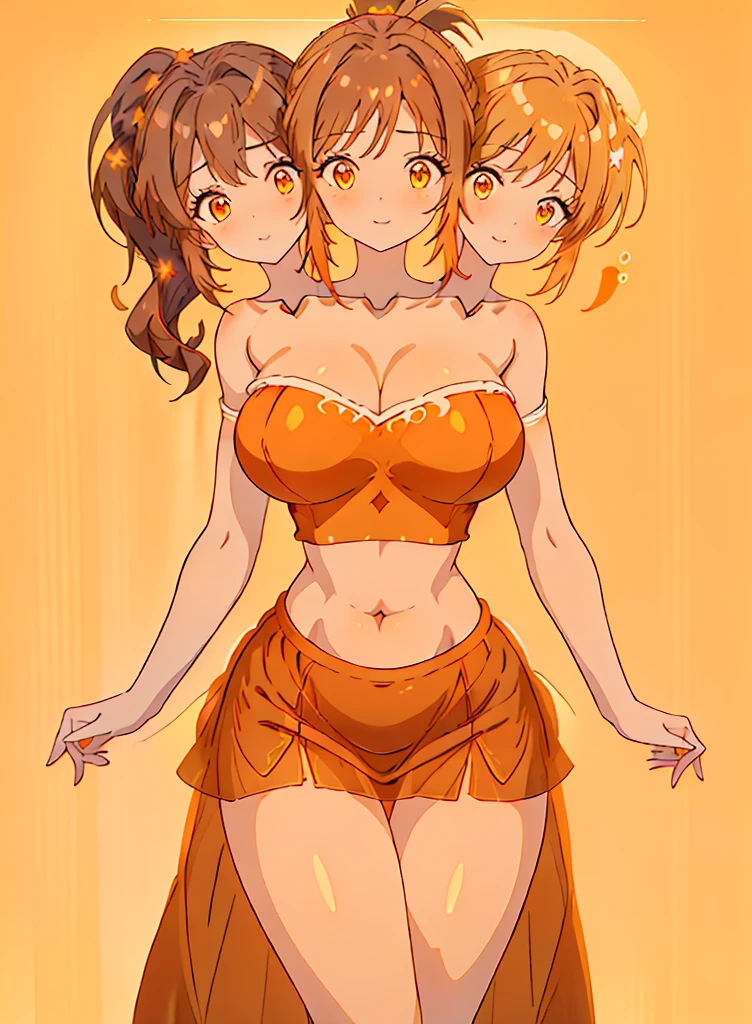 (16K), ((three headed woman)), smiling, highres, masterpiece, ((brown hair)), cleavage, large breasts, ((orange dress:1.5)), lustrous and smooth skin, (mature woman), seductive silhouette, ((crop top)), sexy proportions, Beautiful girl with accentuated slender abs, seductive woman, ((party background)), necklace, orange miniskirt, miniskirt, open belly, exposed midriff, strapless, sleeveless, yellow eyes, beautiful eyes, ((long bushy ponytail)), ((gala)), cowboy shots, very big tits, huge , open belly, exposed midriff