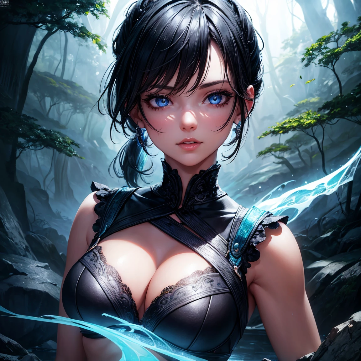 a young girl, 1girl!!!, light blue short ponytail hair, without breasts, blue eyes, happy face, black short crop top, black small short, full body, full body, dark forest, incredibly sexy body, detailed face, beautiful detailed eyes, beautiful detailed lips, extremely detailed eyes and face, long eyelashes, intricate details, highly detailed, photo realistic, 8k, best quality, masterpiece, cinematic lighting, dramatic lighting, vibrant colors, fantasy, digital art, concept art