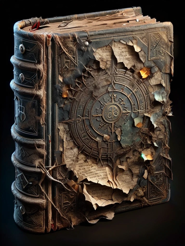 ais-olde book, its leather cover cracked and brittle, pages filled with cryptic symbols glowing faintly in the darkness ,round emblem