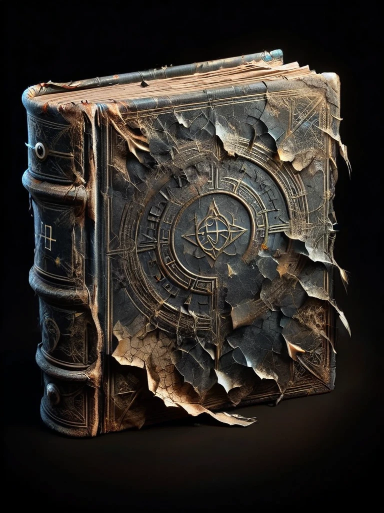 ais-olde book, its leather cover cracked and brittle, pages filled with cryptic symbols glowing faintly in the darkness ,round emblem