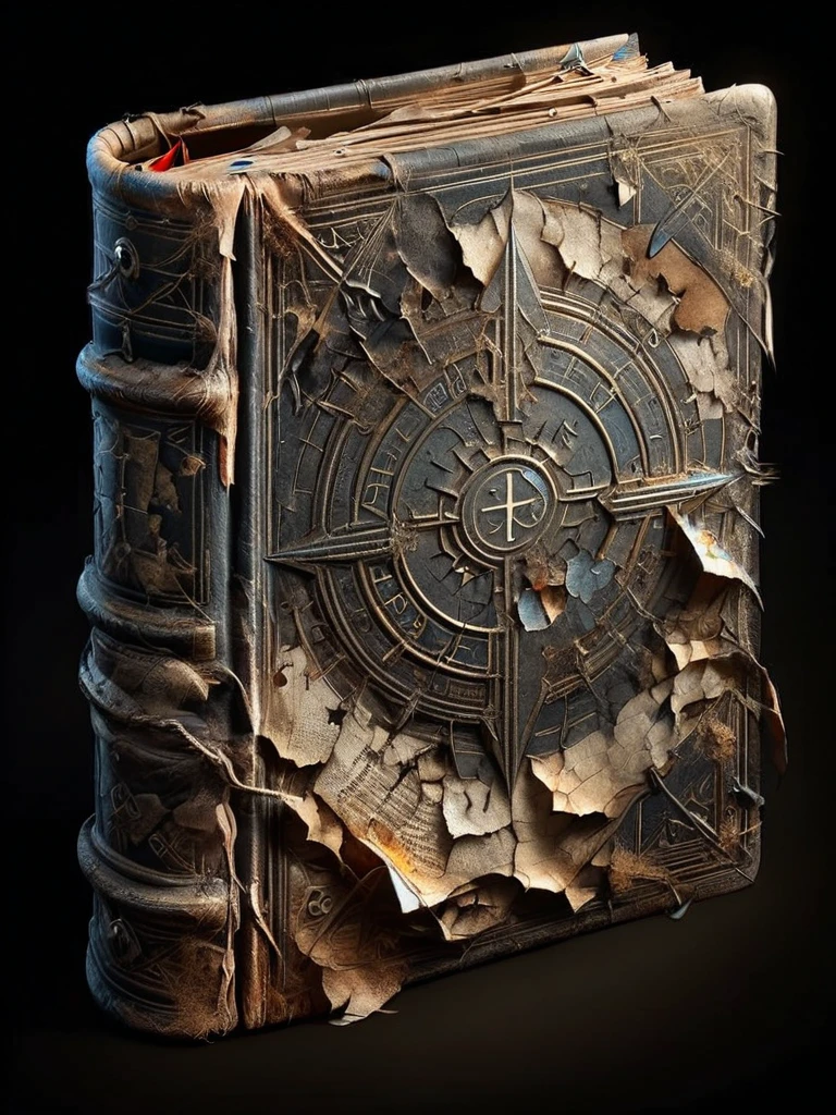 ais-olde book, its leather cover cracked and brittle, pages filled with cryptic symbols glowing faintly in the darkness ,round emblem