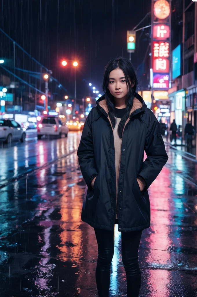 1girl,night city,rain,coat,hands in pockets