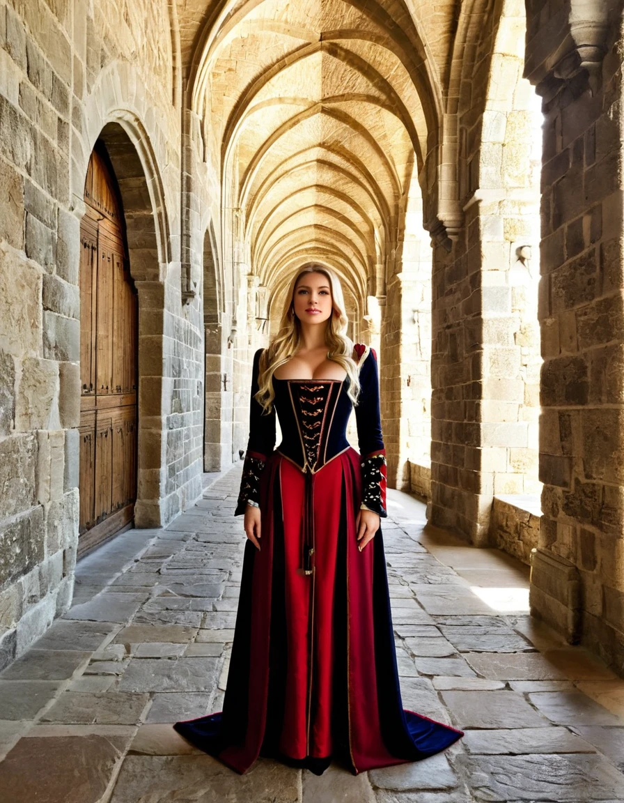 A blonde woman in medieval attire, standing in a grand castle with tall, stone walls and tapestries.
