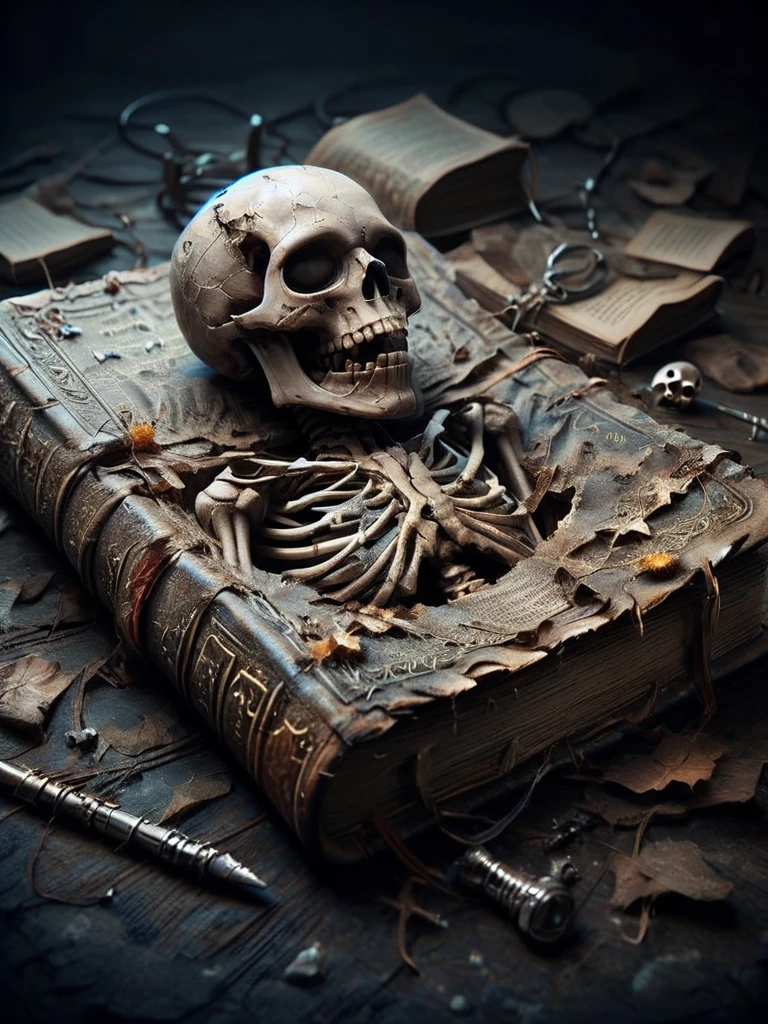ais-olde book, its leather cover cracked and brittle, pages filled with cryptic symbols glowing faintly in the darkness ,Skeleton