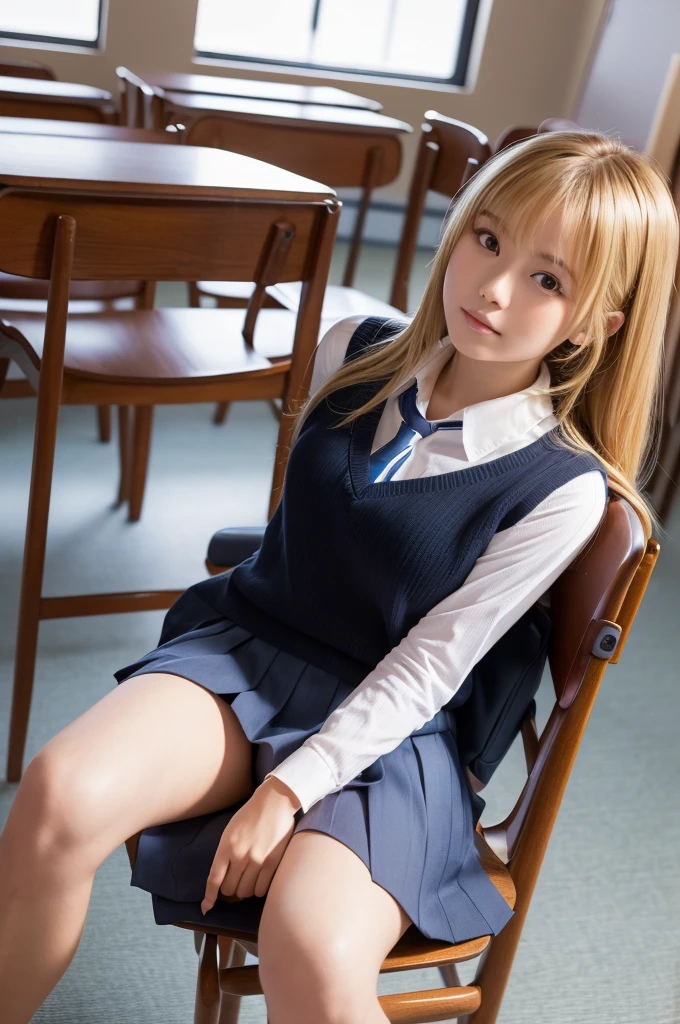 (8k, RAW photo, best quality, masterpiece:1.2), (realistic, photo-realistic:1.4), (extremely detailed 8k wallpaper), pretty Japanese woman, (school uniform studium jumper),in class room, sitting chair, spread legs, blond hair, hands in pocket