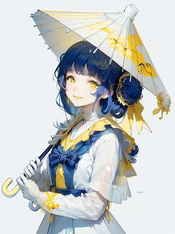 masterpiece, Highest quality, High resolution, detailed, figure, (Blank Background:2),(White background:2), (No background:2),Ray Tracing, girl、(Deep blue hair:2)、(One bun:2)、(Smiling:2)、Short sleeves、smile、Lady、(Upper Body:1.5),(The depiction fits on the canvas:1.5)、Holding an umbrella、(White Umbrella:2)、Change the shape of the umbrella、Draw the outline of an umbrella、A parasol made of lace、Lace dress、(White clothes:2)、Change your clothes、Arrange the whole、The nape is visible、Flowers in hair、gloves、(See-through lace clothing)、(Yellow accents on clothing:2)、Choker on ribbon、Evening Dresses、