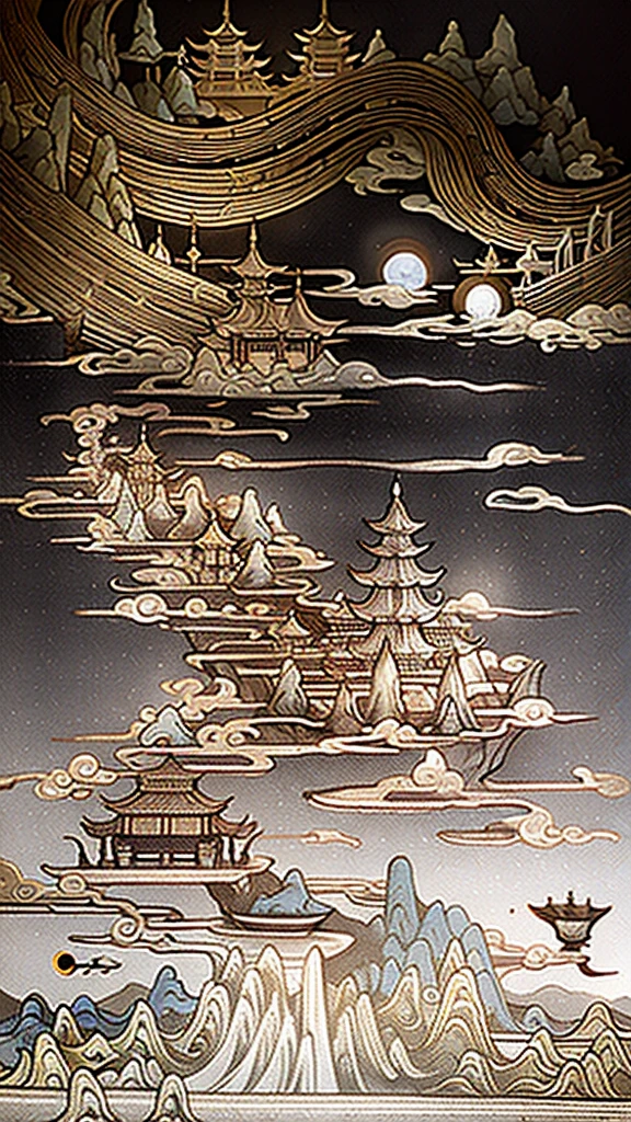 An ancient Chinese painting, ancient Javanese Indonesian background, mountains, rivers, auspicious clouds, pavilions, sunshine, masterpieces, super detail, epic composition, ultra HD, high quality, extremely detailed, official art, unified 8k wallpaper, Super detail, 32k -- v 6