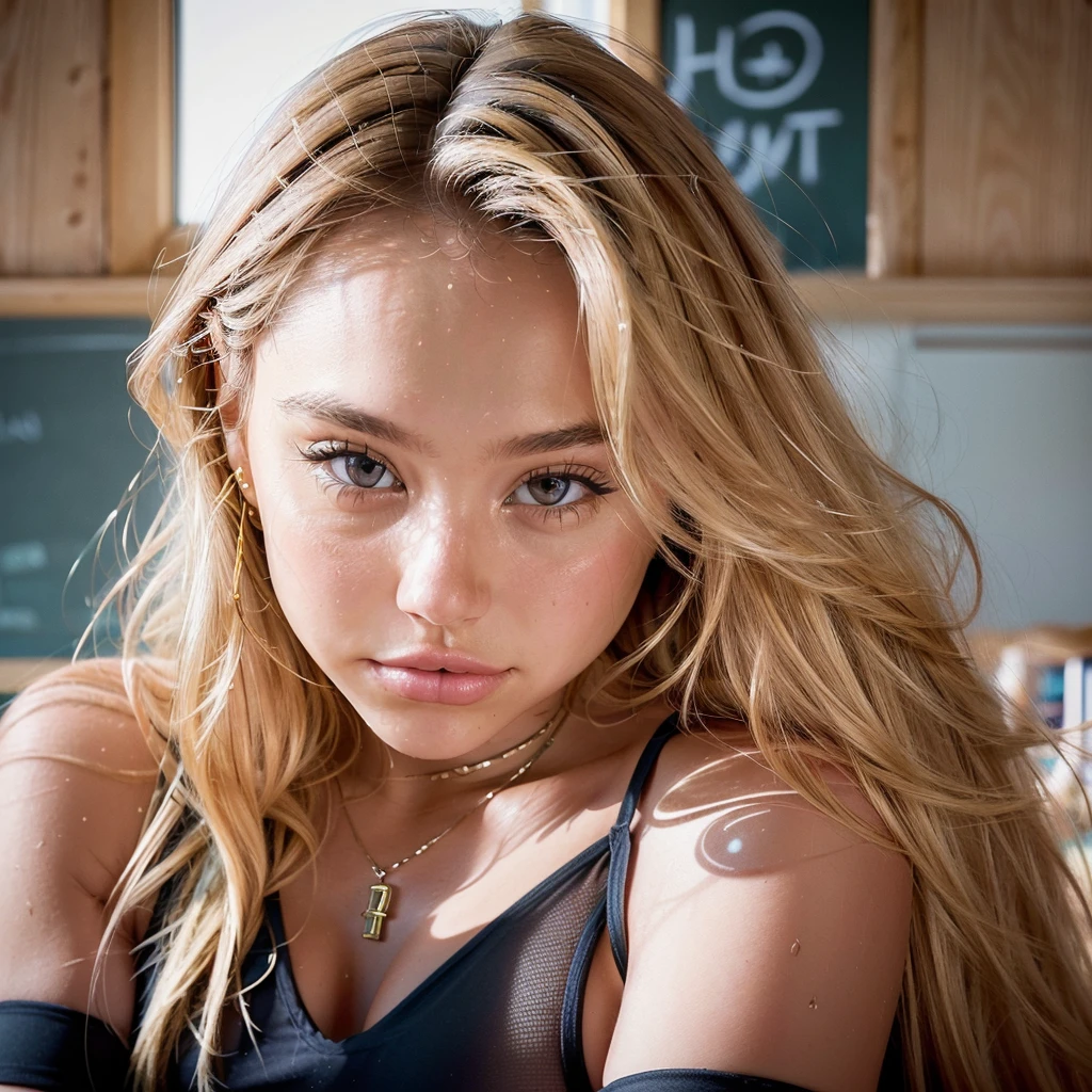 Realistic photo of a beautiful 18 year old (((ALEXIS-REN))), (best quality,ultra-detailed,realistic:1.2),beautiful detailed eyes,beautiful detailed lips, blonde hair, student, classroom, learning,  sitting at desk, books, teacher, pencil 