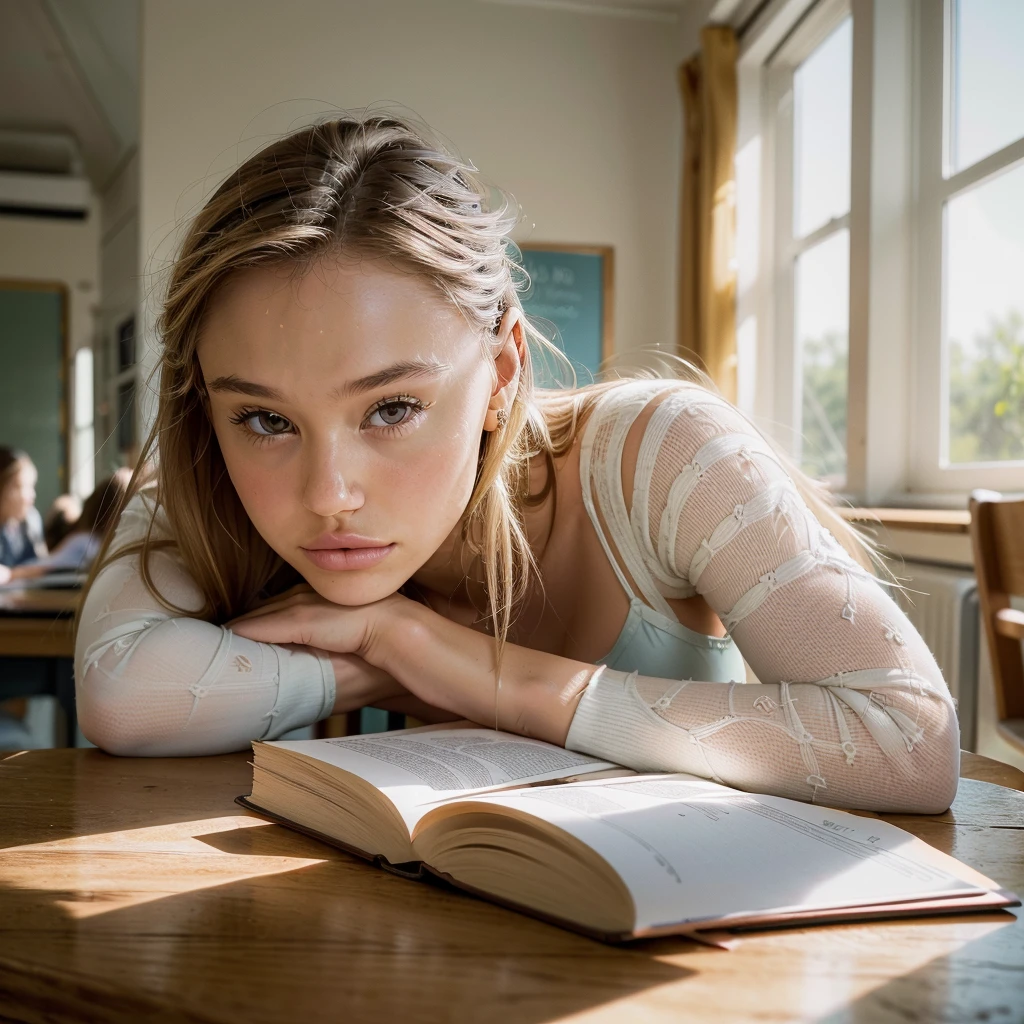 Realistic photo of a beautiful 18 year old (((ALEXIS-REN))), (best quality,ultra-detailed,realistic:1.2),beautiful detailed eyes,beautiful detailed lips, blonde hair, student, classroom, learning,  sitting at desk, books, teacher, pencil 