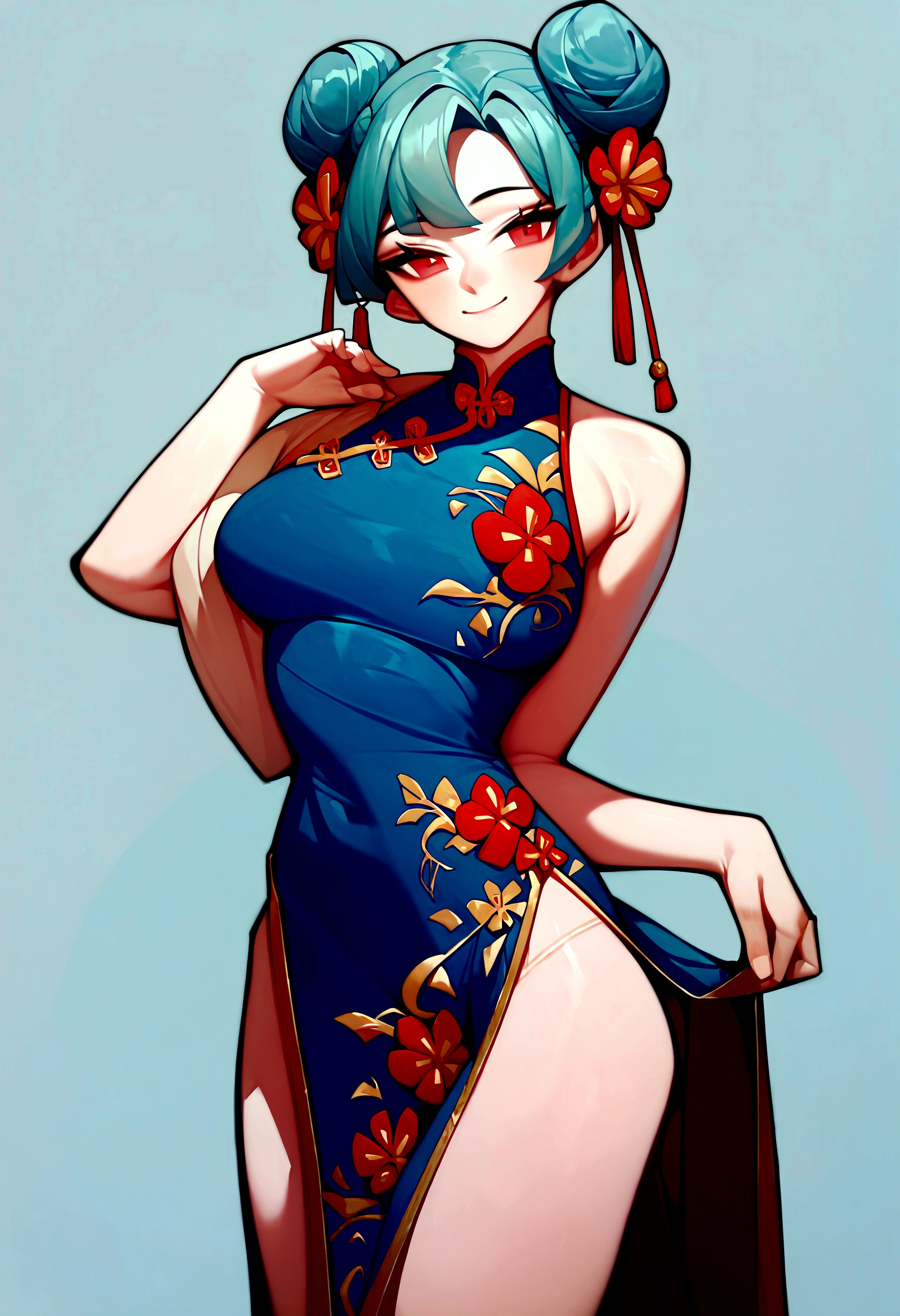 score_9, score_8_up, score_7_up, (high res, best quality, masterpiece), 1woman, female focus, (cyan hair, beautiful red eyes, short hair, hair buns), looking at viewer, Qipao dress, flower pattern, light blush, small smile, standing, blank background,