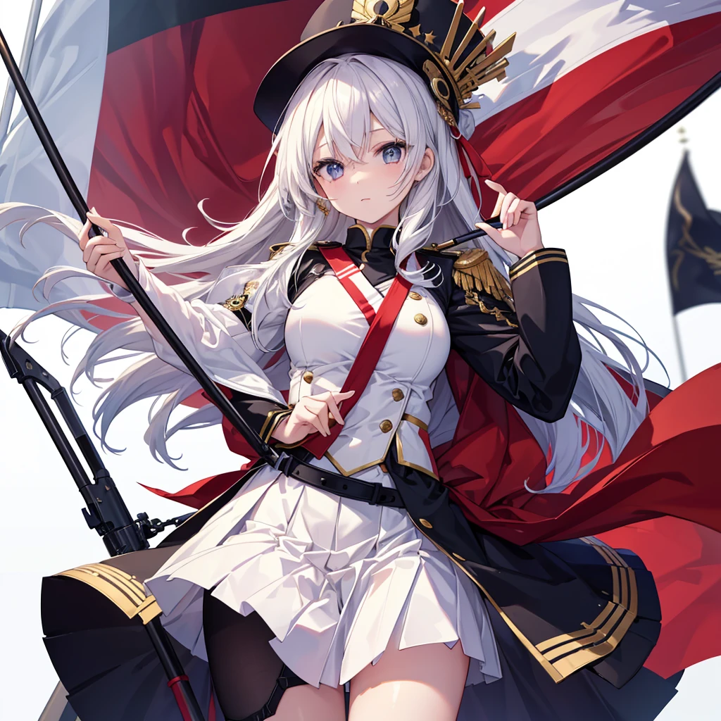 A beautiful girl skillfully manipulates the marching band flags、White background、Dynamic Flag Background、The flag is black with Kinu&#39;s flower embroidery, and it looks really cool.、whole body、Marching Band Uniforms、Knee-high boots、whole body、detailed、