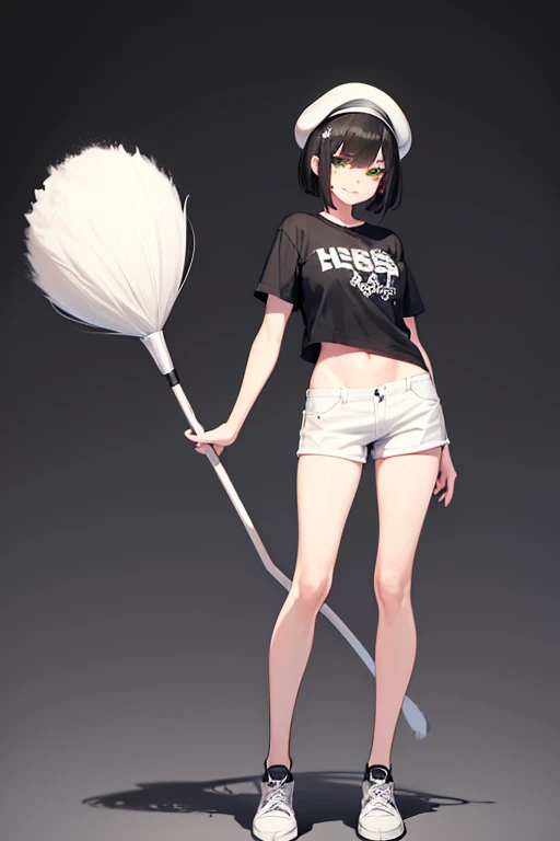 (high-resolution illustration 1.3), young female artist, (black plain T-shirt), (fluffy white short pants 1.2), sneakers, (short black bob cut), (large clear eyes 1.1), (white beret hat 1.2), (large brushes 1.2), (green ink on brush tips 1.3), slim figure, slender legs, (dynamic pose 1.2), (artistic 1.3), youthful, creative, energetic, (monochrome base with green accents 1.3), (contrast between black and white 1.2), casual, lively, (well-balanced figure), (centered in image), (full body visible), (plain white background 1.1), clean lines, clear details, (smiling expression 1.2), (looking directly at camera 1.3), (face clearly visible 1.2), (holding large brushes in both hands 1.2), (brushes held against upper body 1.1)