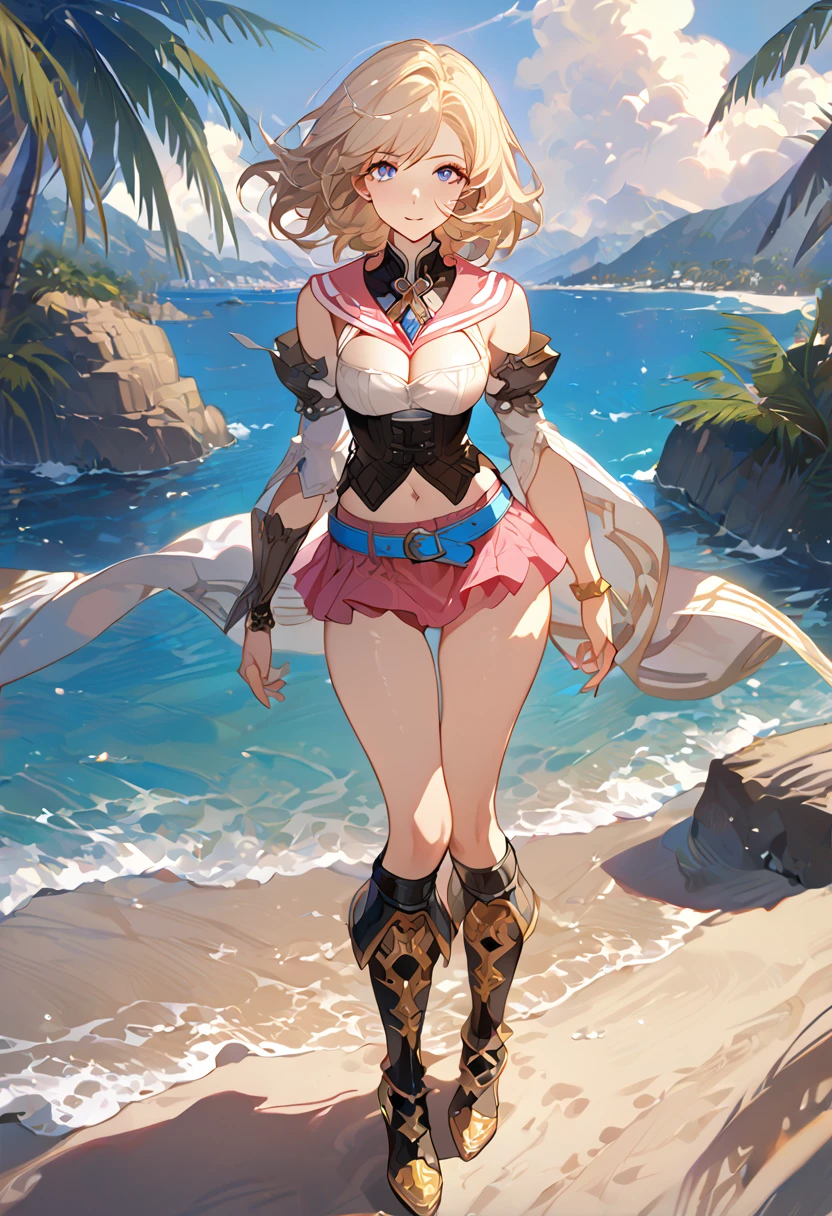 masterpiece, best quality, 8k, 4k, 1girl, ashelia final fantasy xii, Ashelia, medium hair, blonde hair, blue eyes, white detached sailor like collar, brooch, white shirt, cleavage, midriff, detached sleeves, bracer, black corset, pink skirt, microskirt, pink skirt, tight skirt, blue belt, black thigh with gold pattern boots, slim body, looking at viewer, standing nicely, wind blowing, finely detailed eyes and detailed face, face detailed, hair detailed, clothes detailed, ((high quality)), extreme detail, beach sand, palm tree, calm water, high hills overlooking the sea, hollowed hills,  inspired by Asukaziye artist : ask, art style : ask