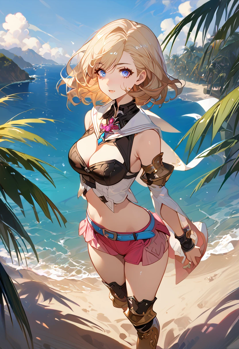 masterpiece, best quality, 8k, 4k, 1girl, ashelia final fantasy xii, Ashelia, medium hair, blonde hair, blue eyes, white detached sailor like collar, brooch, white shirt, cleavage, midriff, detached sleeves, bracer, black corset, pink skirt, microskirt, pink skirt, tight skirt, blue belt, black thigh with gold pattern boots, slim body, looking at viewer, standing nicely, wind blowing, finely detailed eyes and detailed face, face detailed, hair detailed, clothes detailed, ((high quality)), extreme detail, beach sand, palm tree, calm water, high hills overlooking the sea, hollowed hills,  inspired by Asukaziye artist : ask, art style : ask