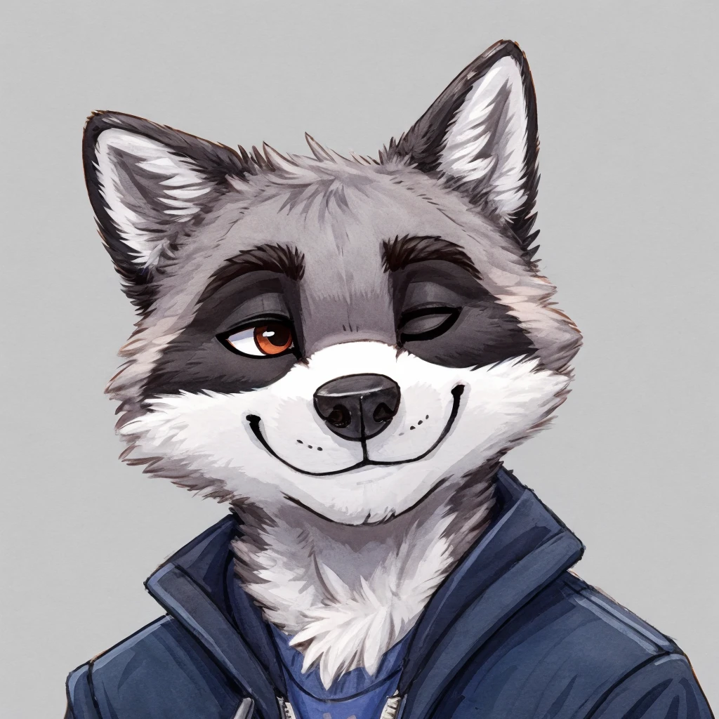 headshot of a grey anthropomorphic raccoon, cute, closed smile, he's dressed with a jacket, high quality furry art, high quality fursona ref.