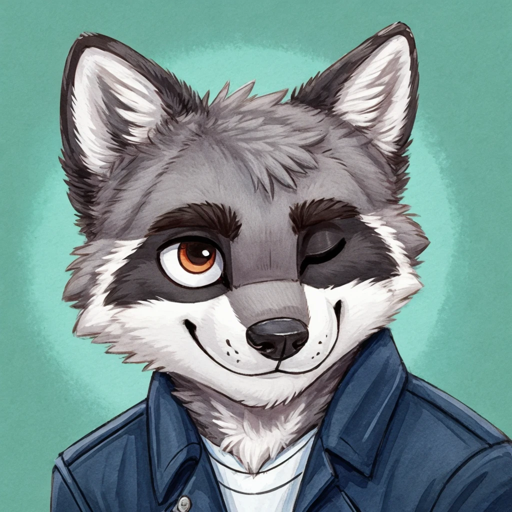 headshot of a grey anthropomorphic raccoon, cute, closed smile, he's dressed with a jacket, high quality furry art, high quality fursona ref.