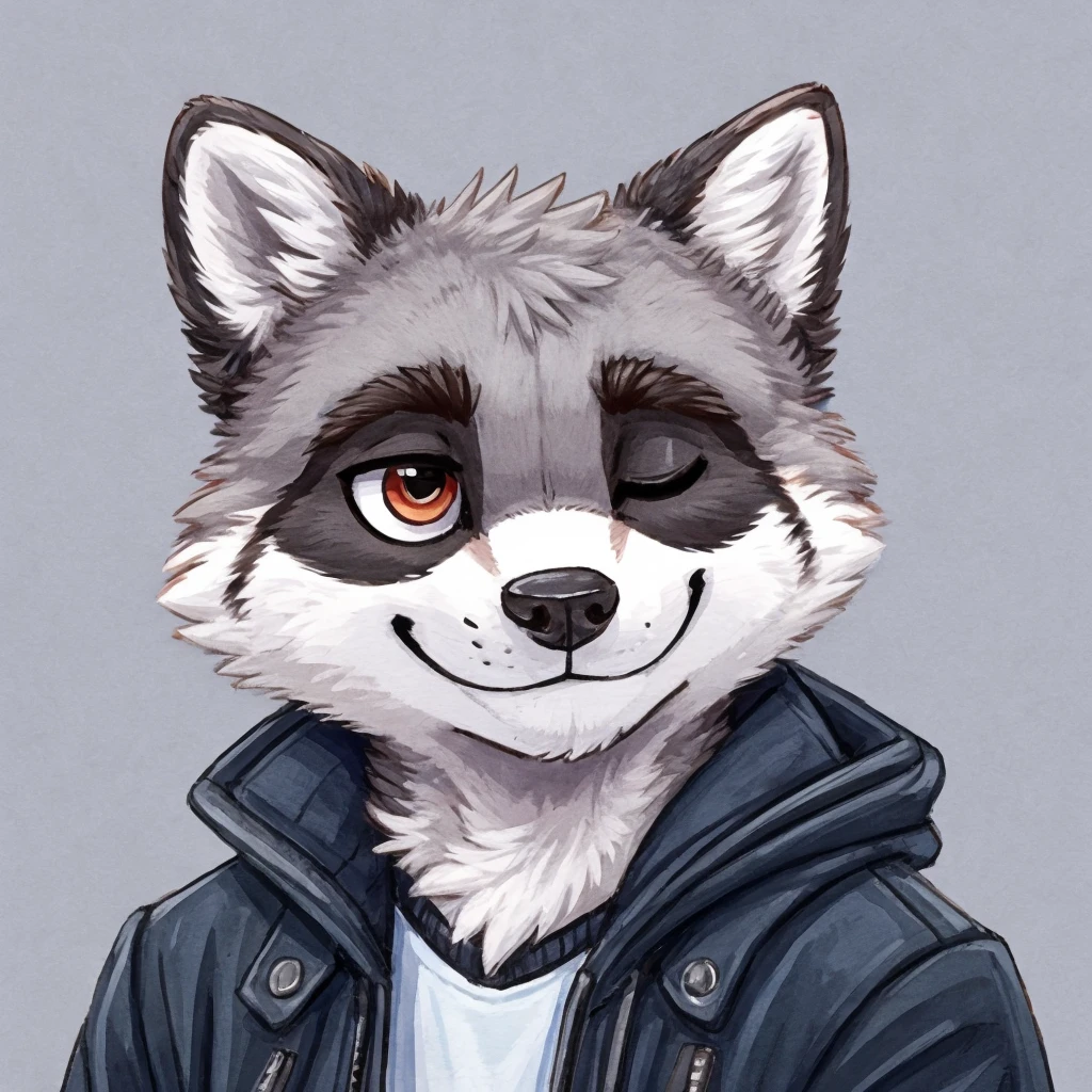 headshot of a grey anthropomorphic raccoon, cute, closed smile, he's dressed with a jacket, high quality furry art, high quality fursona ref.