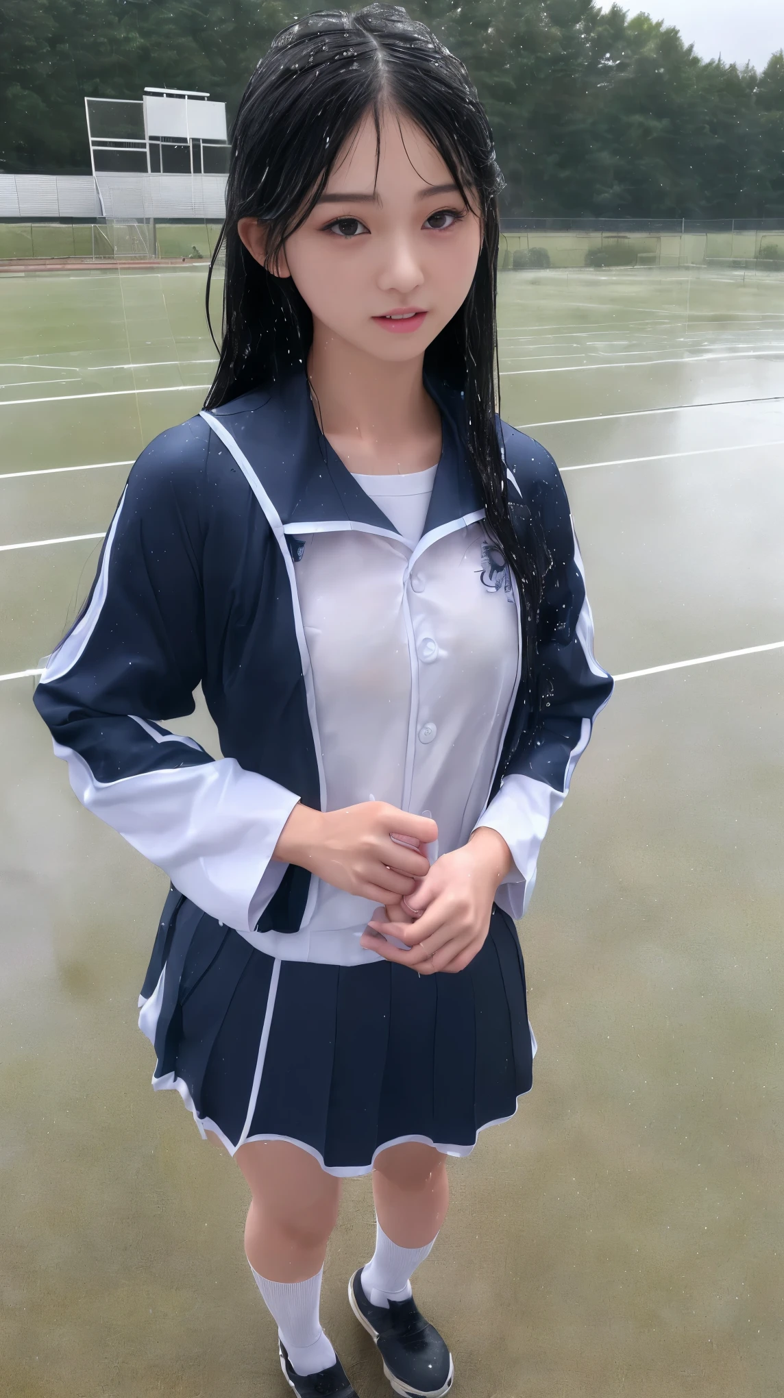 最high quality、high quality、Best image quality、、最High resolution、High resolution、masterpiece、Detailed and realistic human body、Detailed and realistic skin、Realistic face in every detail、Realistic reproduction of every detail、Detailed and realistic lips、Detailed and realistic teeth、Detailed and realistic ears、Detailed and realistic hair、Detailed and realistic weapons、Realistic reproduction of every detail、Realistic fingers in every detail、(Beautiful Hands、thumb1reference4)、Realistic feet down to the last detail、((Beautiful Japanese Girl))、(Japanese Model)、((Cute Japanese Girl))、((Beautiful 18 year old girl))、(Black Hair)、(Straight hair)、(Random Hairstyles)、((Full body video))、((Flat Chest、Small breasts))、(Slim and perfect figure)、(Lustrous skin all over the body、Fair skin)、((Sports uniforms))、((bad weather))、((Pouring rain))、((In the Storm))、((School Playground))、((Pouring rainの中(A girl standing in the center of the schoolyard))、((Pouring rainを浴びて(Soaked skin from head to toe))、((Rain dripping from the skin))、((びしょ濡れのSports uniformsを通して彼女の肌がはっきりと見える))、((びしょ濡れのSports uniforms(肌にピッタリとフィットしたSports uniforms))、((Sports uniformsから滴る雨水))