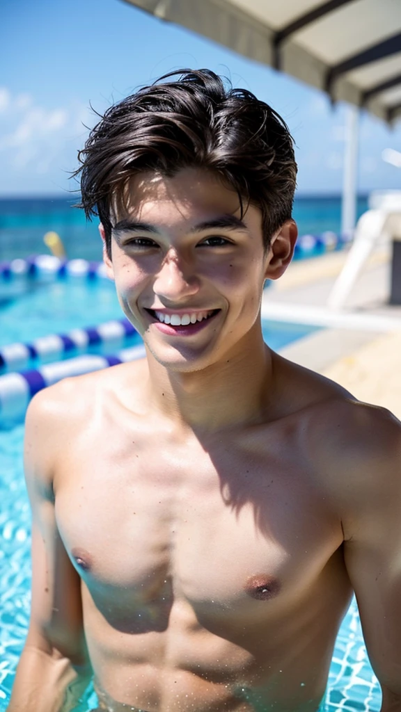 male Age 27 swimwear lifeguard topless smile