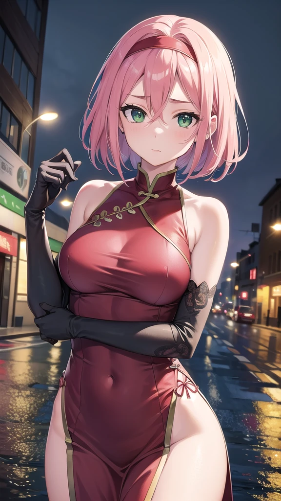 sakuraharuno, sakura haruno, short hair, (green eyes:1.5), pink hair, headband, hair intakes, forehead protector, parted bangs, (medium breast:1.4),
BREAK shirt,lace gloves,chinese dress,sleeveless, black gloves, red dress,
BREAK looking at viewer,
BREAK outdoors, city, night, in street, wet road, lights, reflections,
BREAK (masterpiece:1.2), best quality, high resolution, unity 8k wallpaper, (illustration:0.8), (beautiful detailed eyes:1.6), extremely detailed face, perfect lighting, extremely detailed CG, (perfect hands, perfect anatomy),