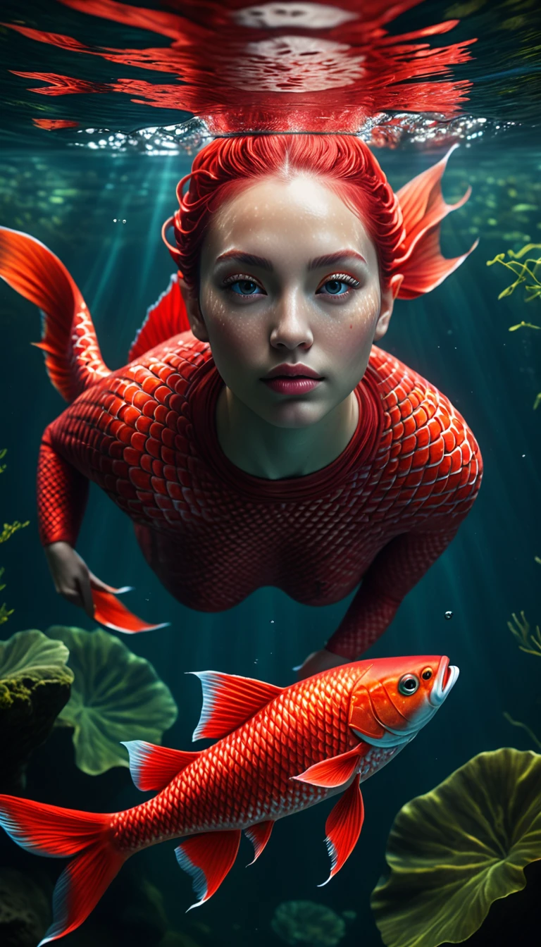 a mythical creature with a human face and red fish body swimming in a river, highly detailed, 4k, 8k, highres, masterpiece, ultra-detailed, realistic, photorealistic, photo-realistic, extremely detailed animal, intricate patterns, realistic lighting, fantastical hybrid creature