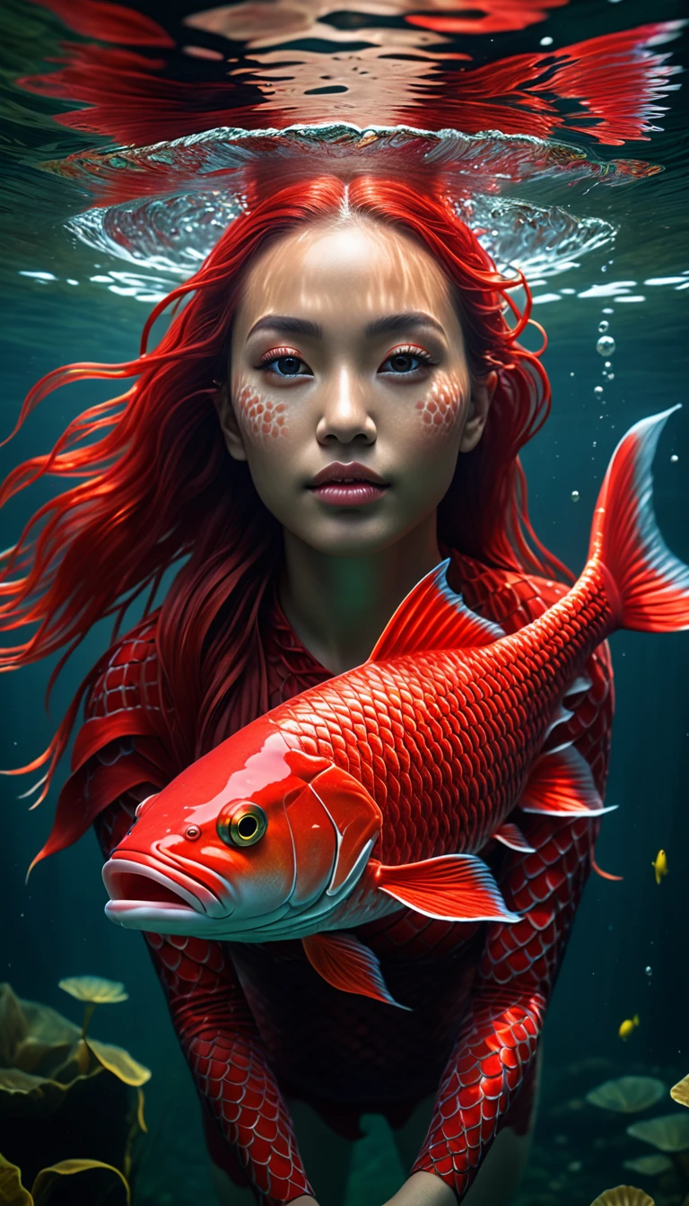 a mythical creature with a human face and red fish body swimming in a river, highly detailed, 4k, 8k, highres, masterpiece, ultra-detailed, realistic, photorealistic, photo-realistic, extremely detailed animal, intricate patterns, realistic lighting, fantastical hybrid creature