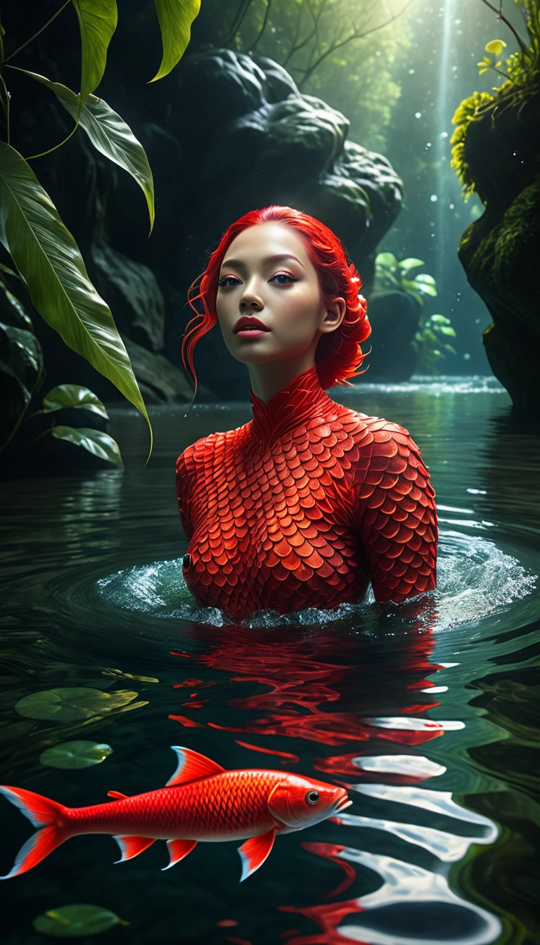 a mythical creature with a human face and red fish body swimming in a river, highly detailed, 4k, 8k, highres, masterpiece, ultra-detailed, realistic, photorealistic, photo-realistic, extremely detailed animal, intricate patterns, realistic lighting, fantastical hybrid creature