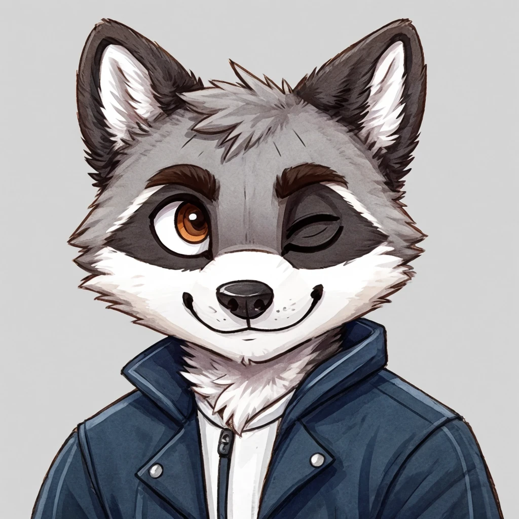 headshot of a grey anthropomorphic raccoon, chibi style, closed smile, he's dressed with a jacket, high quality furry art, high quality fursona ref.