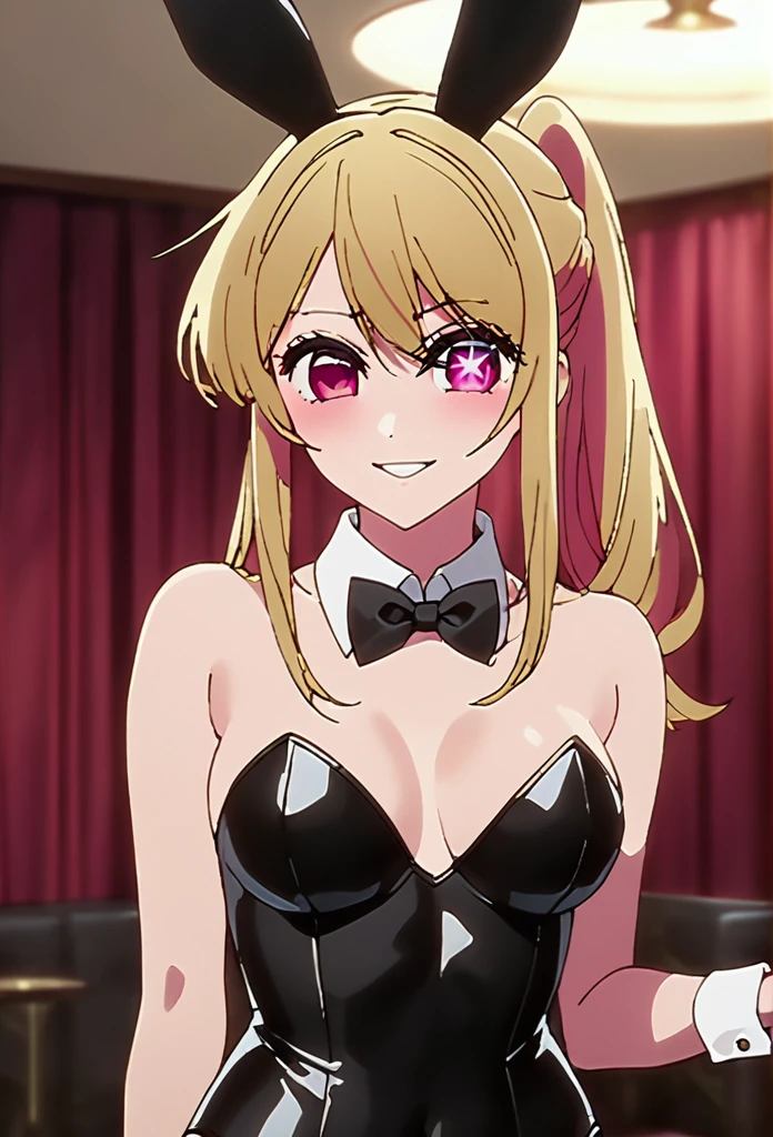 Blonde、Highest quality、high resolution、8K,Highest quality、Star-shaped pupil、The best smile、long hair、Pink Eyes、ponytail、Cowboy Shot、One person、playboy bunny,rabbit ears, black rabbit ears, fake rabbit ears, pantyhose, black pantyhose,bowtie, wrist cuffs, black leotard,