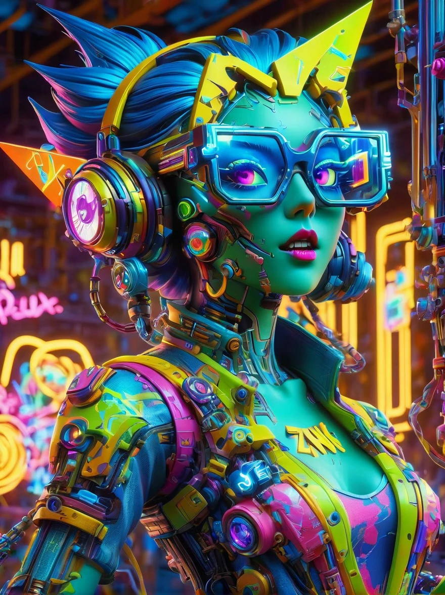 best quality, masterpiece, 3d, Pixar Artwork, Electronic variants, (Cartoon mechanical girl zombie wearing big glasses in the factory:1.5)，in a dynamic dancing pose within a colorful virtual reality world teeming with neon lights and vibrant holograms, The scene bears the influences of both pop art and graffiti, a truly cyberpunk-inspired ensemble with explosive energy, created using digital painting methods and radiant, glowing effects