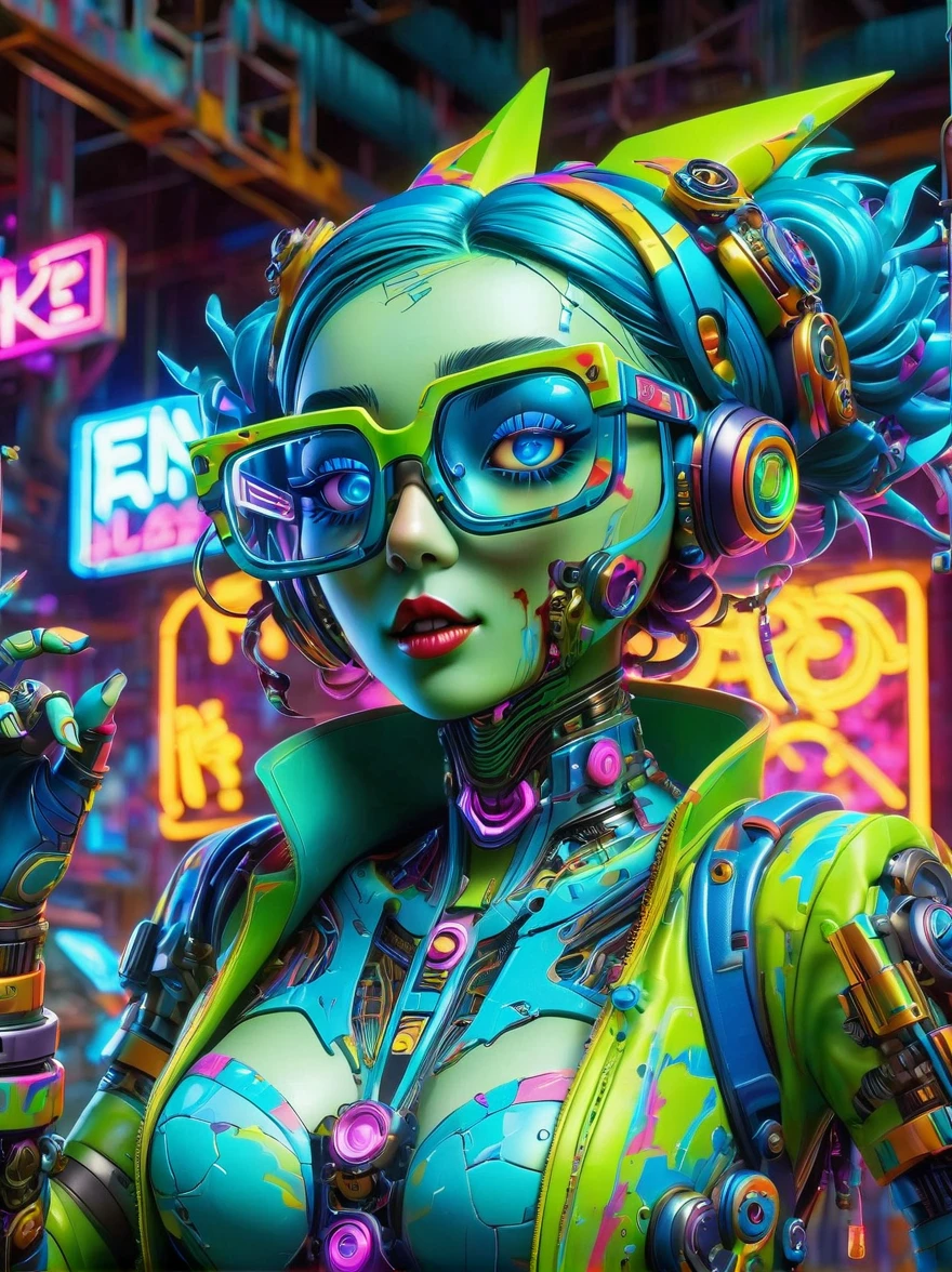 best quality, masterpiece, 3d, Pixar Artwork, Electronic variants, (Cartoon mechanical girl zombie wearing big glasses in the factory:1.5),in a dynamic dancing pose within a colorful virtual reality world teeming with neon lights and vibrant holograms, The scene bears the influences of both pop art and graffiti, a truly cyberpunk-inspired ensemble with explosive energy, created using digital painting methods and radiant, glowing effects