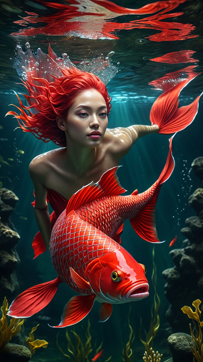 a mythical creature with a human face and red fish body swimming in a river, highly detailed, 4k, 8k, highres, masterpiece, ultra-detailed, realistic, photorealistic, photo-realistic, extremely detailed animal, intricate patterns, realistic lighting, fantastical hybrid creature