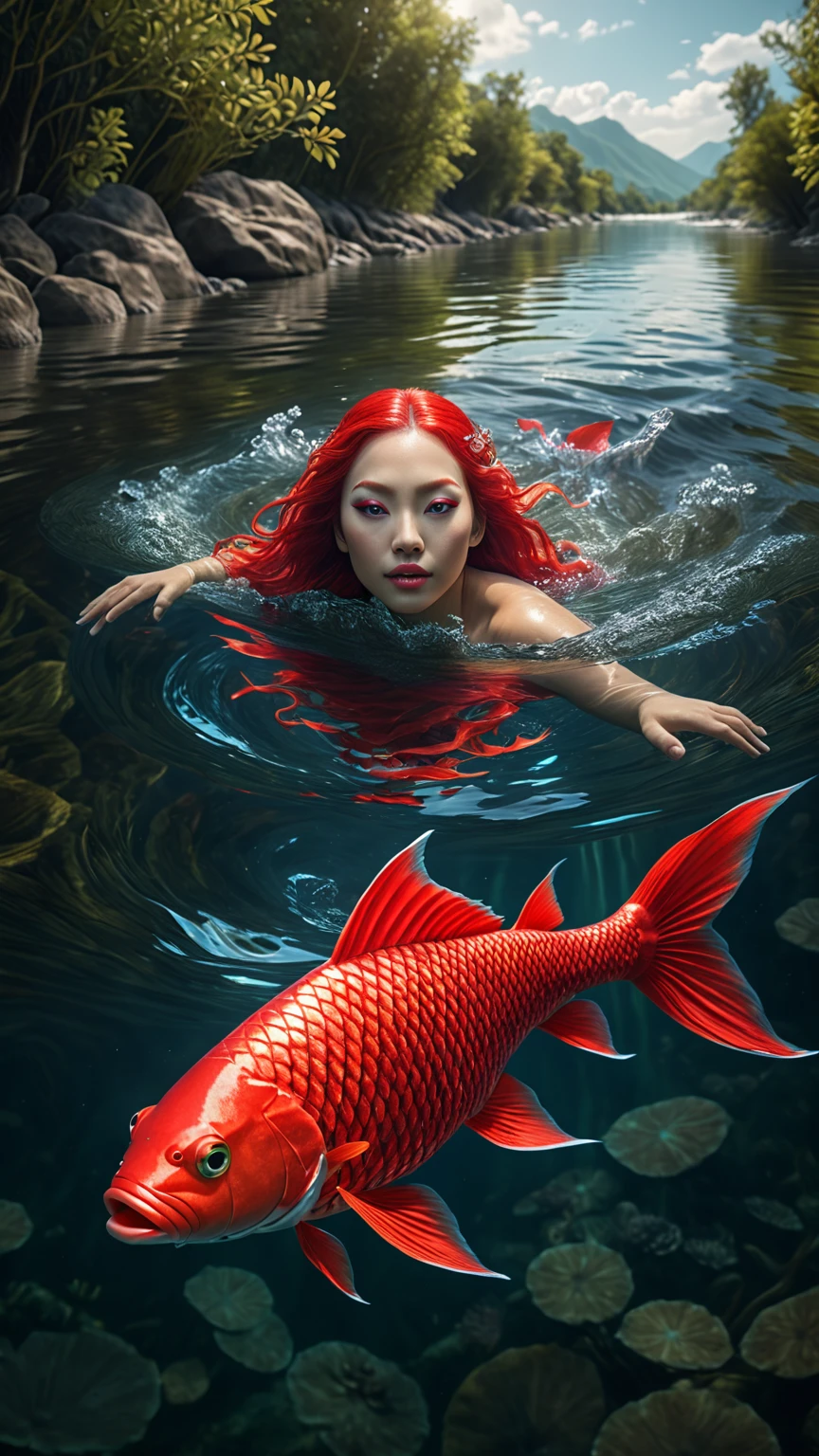 a mythical creature with a human face and red fish body swimming in a river, highly detailed, 4k, 8k, highres, masterpiece, ultra-detailed, realistic, photorealistic, photo-realistic, extremely detailed animal, intricate patterns, realistic lighting, fantastical hybrid creature