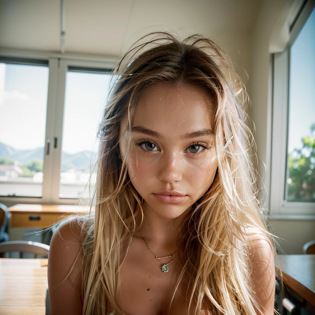 Realistic photo of a beautiful 18 year old (((ALEXIS-REN))), (best quality,ultra-detailed,realistic:1.2),beautiful detailed eyes,beautiful detailed lips, blonde hair, student, classroom, learning,  sitting at desk, books, teacher, pencil 