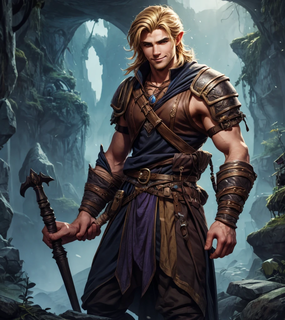 (((Single character image.))) (((1boy))) (((Luxurious hair and sexy smirk.))) (((18 years old.))) (((18yo.))) (((Dressed in medieval fantasy attire.))) Cute guy. Hot guy. (((Looks like Adonis.))) (((Dressed in medieval fantasy attire.))) (((Intense, sexy stare.))) (((Beautiful shoulder length blond hair.))) Gorgeous male character with a body that women lust for. (((Lusty smirk.))) Looks like a fun-loving and heroic male adventurer for Dungeons & Dragons. Looks like a very attractive male adventurer for a high fantasy setting. Looks like a hot boyfriend. Looks like a handsome and rugged male adventurer for Dungeons & Dragons. Looks like a handsome male for a medieval fantasy setting. Looks like a Dungeons & Dragons adventurer, very cool and masculine hair style, black clothing, handsome, charming smile, adventurer, athletic build, excellent physique, confident, gorgeous face, gorgeous body, detailed and intricate, fantasy setting,fantasy art, dungeons & dragons, fantasy adventurer, fantasy NPC, attractive male in his mid 20's, ultra detailed, epic masterpiece, ultra detailed, intricate details, digital art, unreal engine, 8k, ultra HD, centered image award winning, fantasy art concept, digital art, centered image, flirting with viewer, best quality:1.0,hyperealistic:1.0,photorealistic:1.0,madly detailed CG unity 8k wallpaper:1.0,masterpiece:1.3,madly detailed photo:1.2, hyper-realistic lifelike texture:1.4, picture-perfect:1.0,8k, HQ,best quality:1.0,
