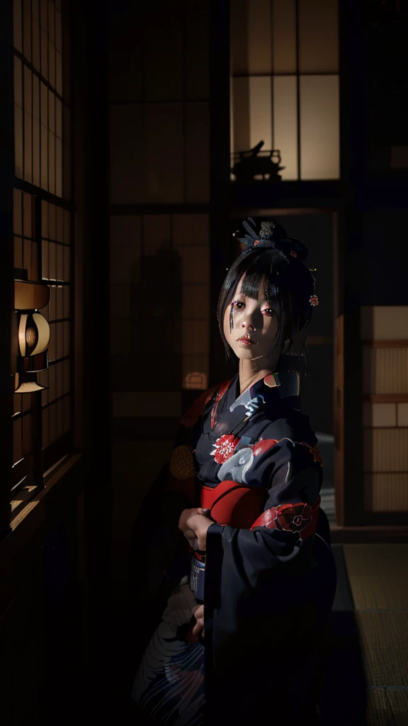 Ultra-detailed, master piece, (best quality:1.5), (high resolution:1.5), (midnight: 1.5), Edo period, (creepy girl in old yukata:1.5), (beautiful Japanese face) (standing in corner of dark room), (Japanese traditional room at night with eerie atmosphere:1.5), youkai, Japan, (Super Scary: 1.5), Japanese Horror, Hyper Realistic, Ominous Atmosphere, Realistic