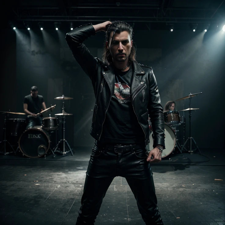 A dark-haired man with a fierce expression, wearing a leather jacket and spiky accessories, performing on stage with a heavy metal band, (best quality,4k,8k,highres,masterpiece:1.2),ultra-detailed,(realistic,photorealistic,photo-realistic:1.37),dark and gritty atmosphere, dramatic lighting, dramatic camera angles, concert venue, intense energy, dynamic movement, powerful guitar riffs, pounding drums, deep bass, moody colors, cinematic composition