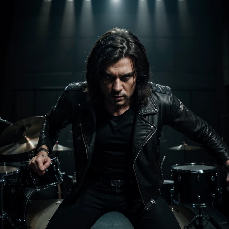 A dark-haired man with a fierce expression, wearing a leather jacket and spiky accessories, performing on stage with a heavy metal band, (best quality,4k,8k,highres,masterpiece:1.2),ultra-detailed,(realistic,photorealistic,photo-realistic:1.37),dark and gritty atmosphere, dramatic lighting, dramatic camera angles, concert venue, intense energy, dynamic movement, powerful guitar riffs, pounding drums, deep bass, moody colors, cinematic composition