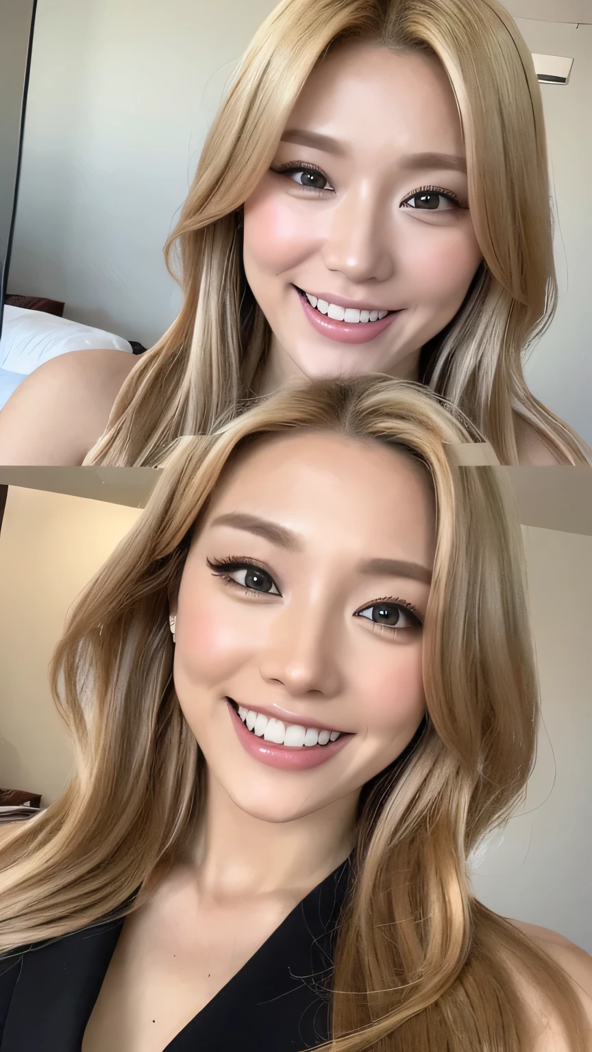 ((top-quality、masutepiece、8K、Top image quality、Hyper-Realism)) full bosy, closeup, The Biggest Smile、white big teeth、Perfect makeup、long eyelashes、View me、smile your best smile, Bright lighting, hyper realistic, photoreal, professional. fashionable, business suit, hot, blonde hair, style
