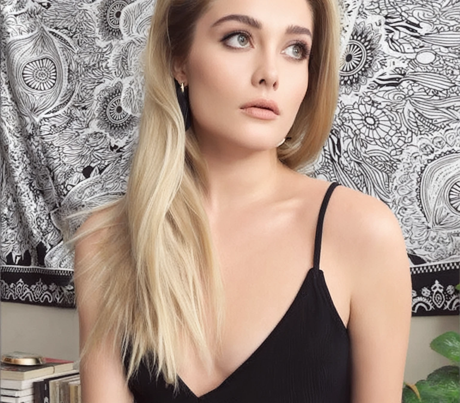 blond woman with long hair wearing black dress and earrings, long blonde hair and large eyes, anna nikonova aka newmilky, inspired by Emma Andijewska, woman looks like sharon tate, blonde hair and large eyes, aleksandra waliszewska, angelina stroganova, 2 4 year old female model, long blonde hair and big eyes, profile image